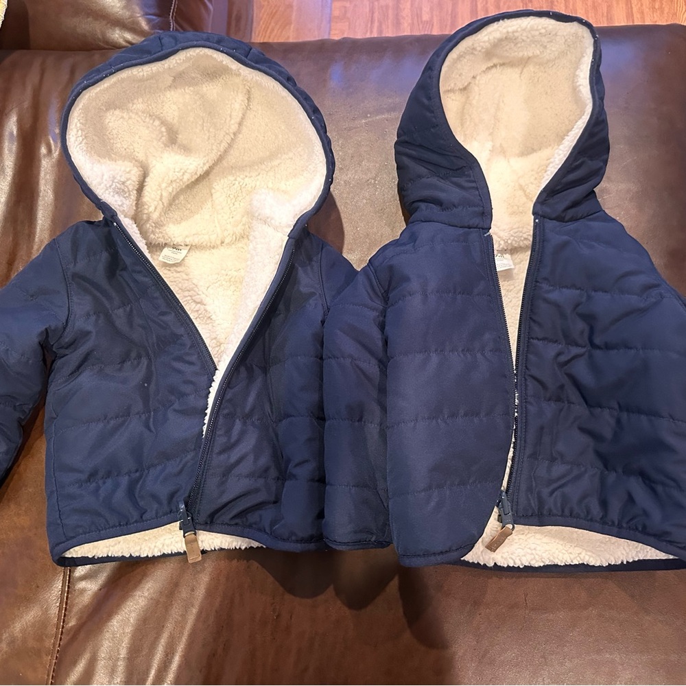 Matching Navy Blue Kids Jackets with Fuzzy Cream Lining